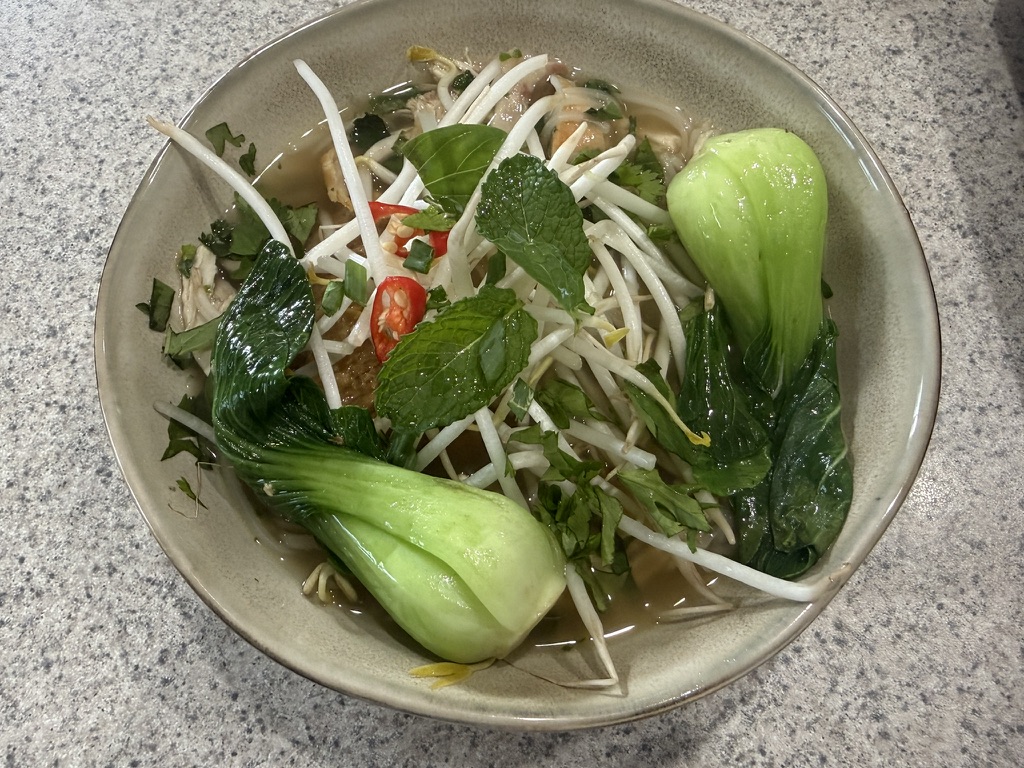 Dianne's chicken pho with bok choy, bean sprouts, herbs, chicken, and chili