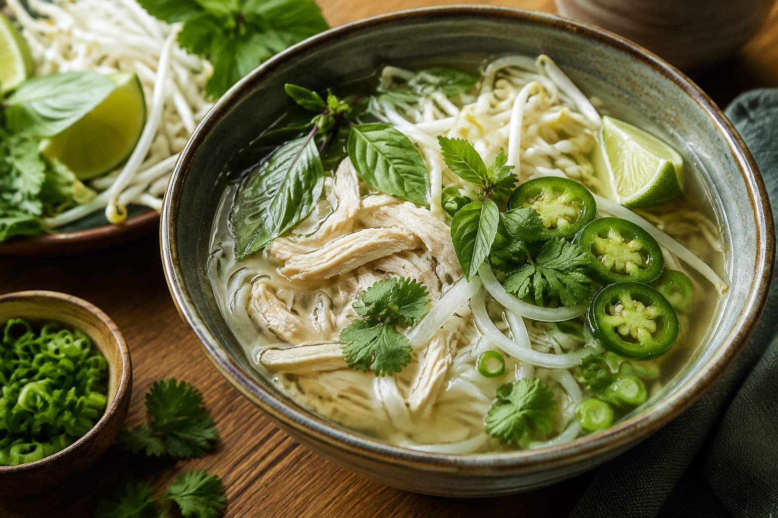 Chicken pho with rice noodles, shredded chicken, herbs, bean sprouts, lime, and jalapeño