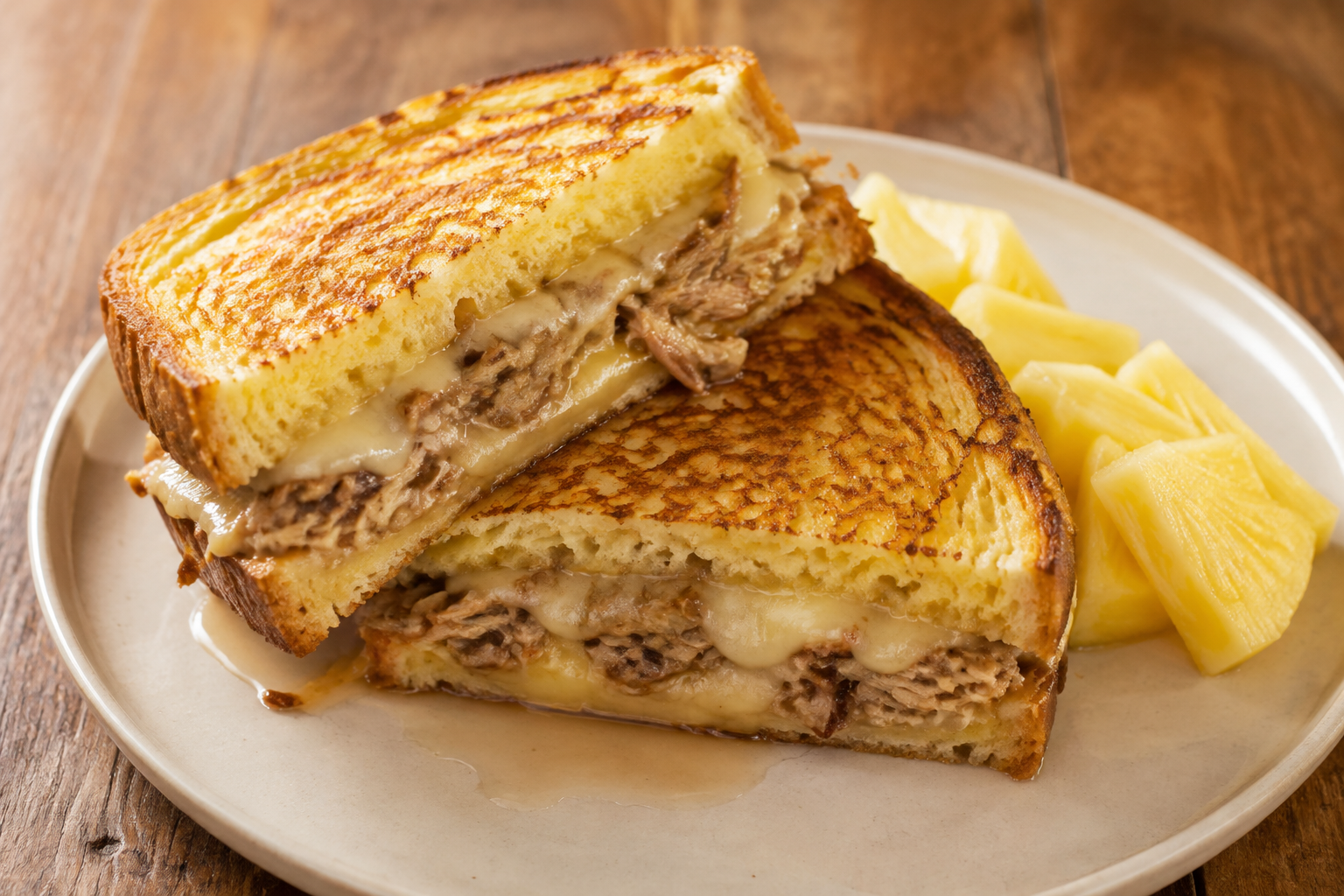 Golden Hawaiian Monte Cristo sandwich filled with Kalua pork and cheese