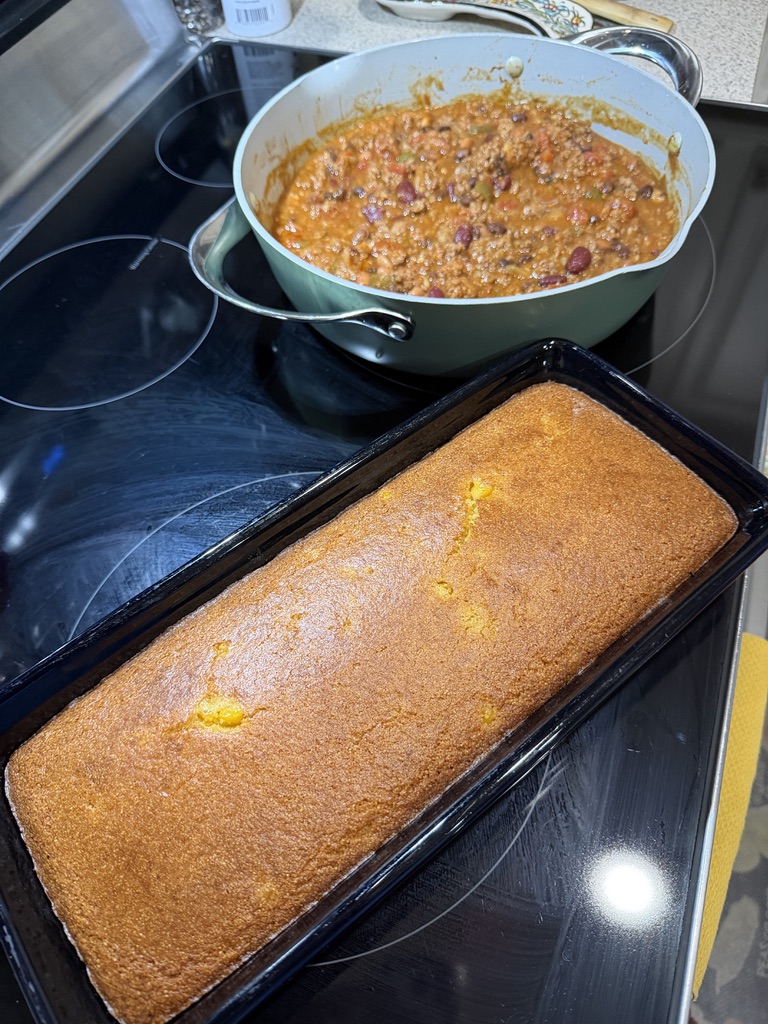 Homemade cornbread served alongside chili