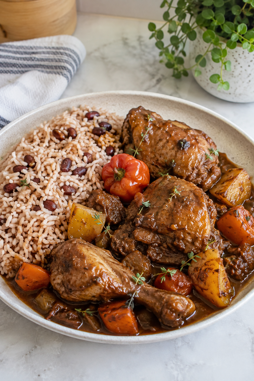 Jamaican brown stew chicken with carrots and potatoes served with rice and peas