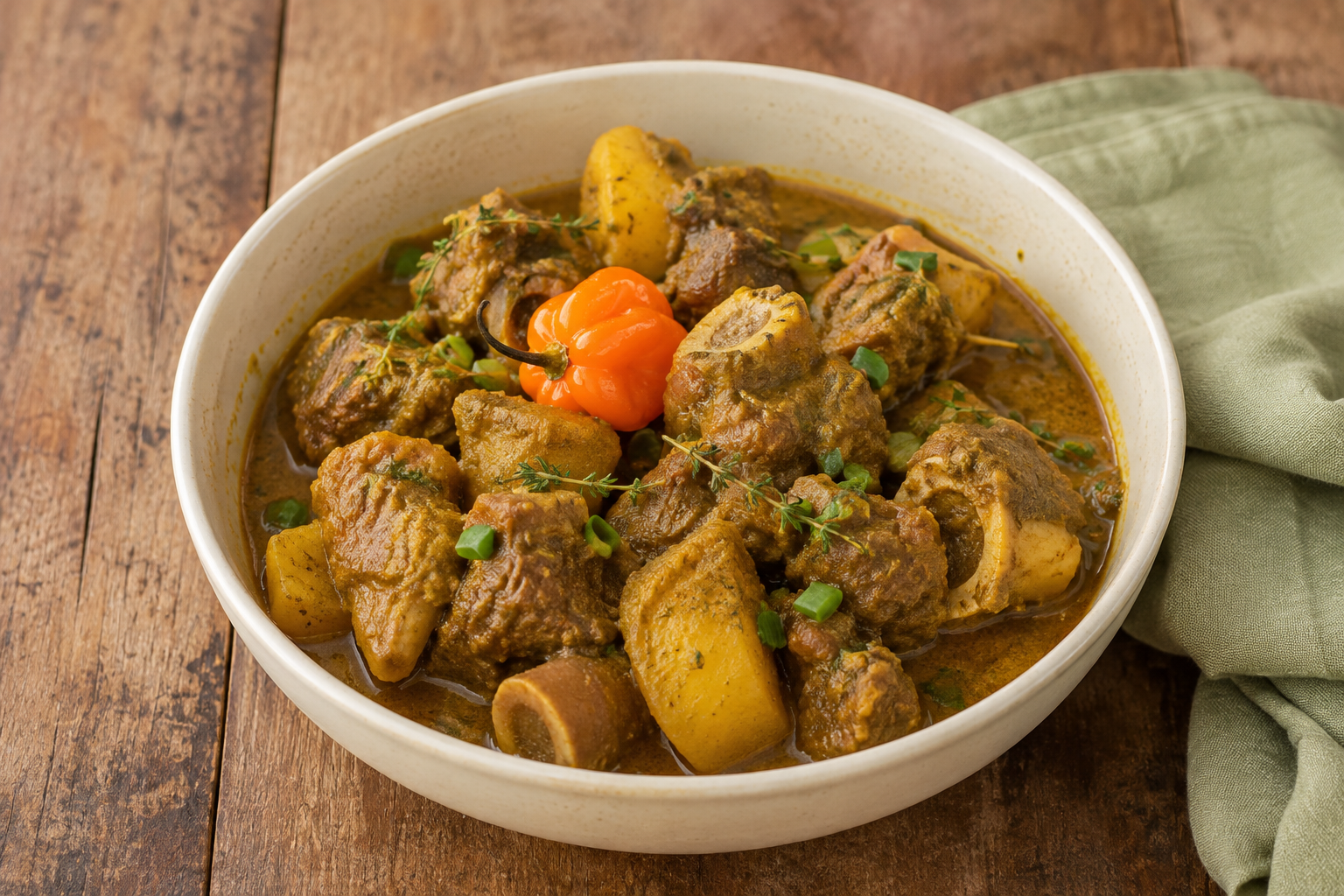 Jamaican curry goat with potatoes in a golden curry gravy