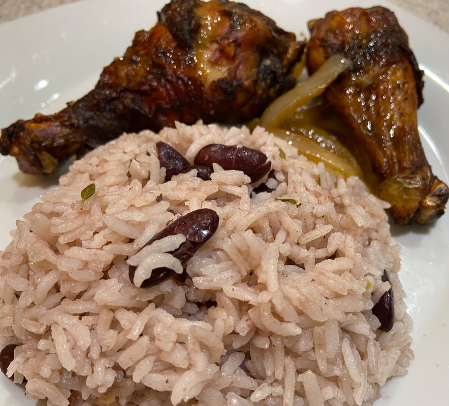 Dianne's Jamaican jerk chicken served with rice and peas