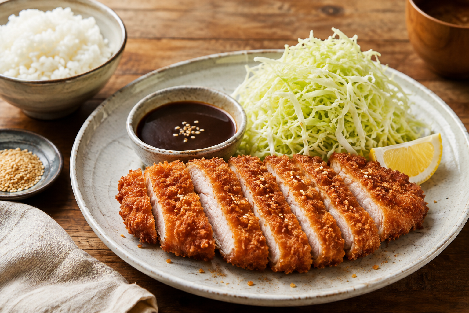 Crispy sliced Japanese Rosu Katsu with shredded cabbage, rice, lemon, and tonkatsu sauce
